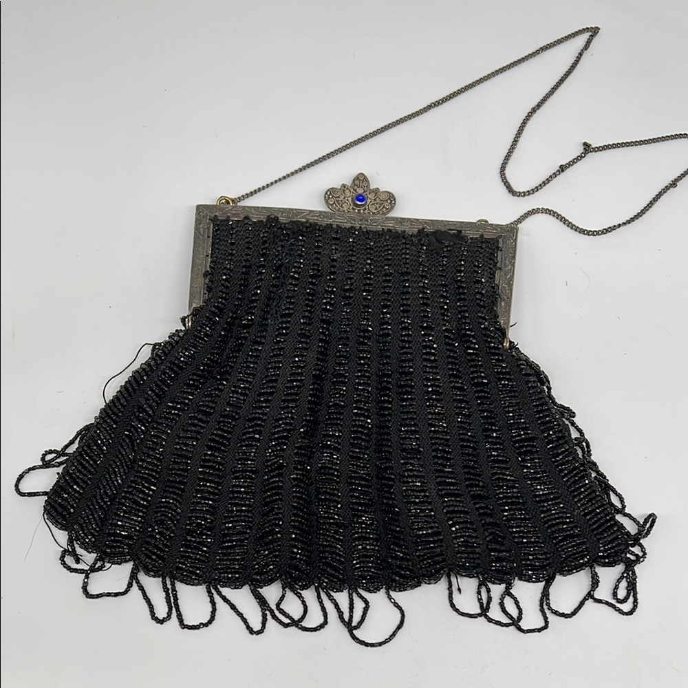 Vintage 1970s/80s Black Beaded Clutch with Pewter Clasp & Blue Stone